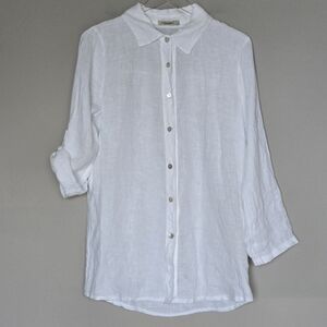 LUNGO L'ARNO 100% Linen White Made In Italy Button Up Tunic Shirt Roll Sleeves L